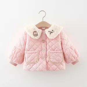 Winter baby girl top cotton jacket, girl's fur lapel cartoon rabbit embroidery lantern sleeve cotton jacket