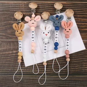 Wooden Baby Pacifier Clip Wood Crochet Rabbit Teething Nipple Chain For Handmade Personalized Name Baby Dummy Soother Chain