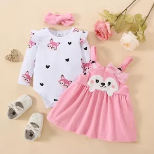 hibobi 2-piece Baby Girl Fox Printed Long Fly Sleeve Romper & Solid Color Fox Style Bowknot Decor Strap Dress